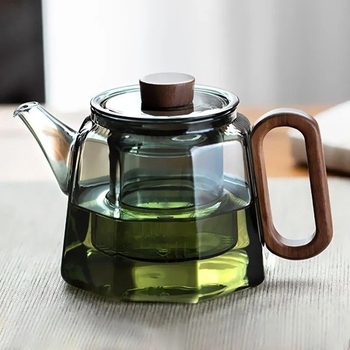 Ceainic cu mâner din lemn pentru ceai cu flori, din sticlă borosilikat rezistentă la temperaturi înalte, cu separator de infuzare