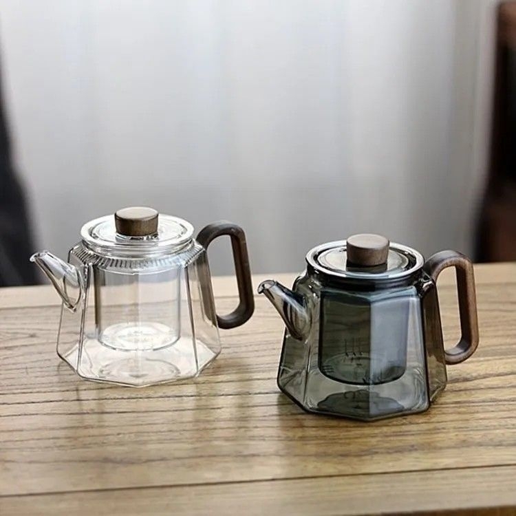 Ceainic cu mâner din lemn pentru ceai cu flori, din sticlă borosilikat rezistentă la temperaturi înalte, cu separator de infuzare