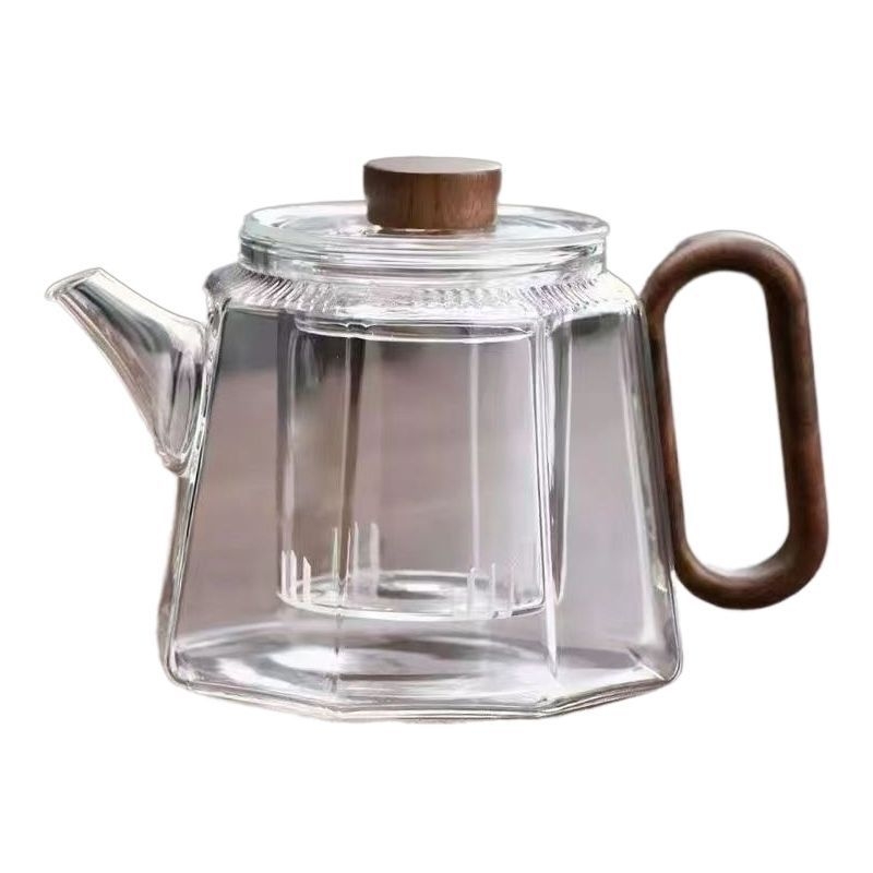 Ceainic cu mâner din lemn pentru ceai cu flori, din sticlă borosilikat rezistentă la temperaturi înalte, cu separator de infuzare
