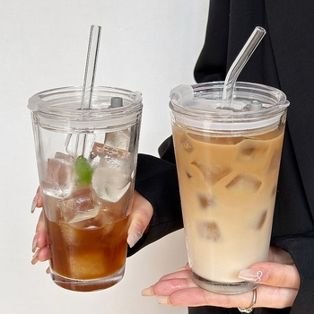Pahar din sticlă cu capac și pai, stil franțuzesc, pentru cafea, ceai cu lapte și băuturi reci – vară, destinat femeilor