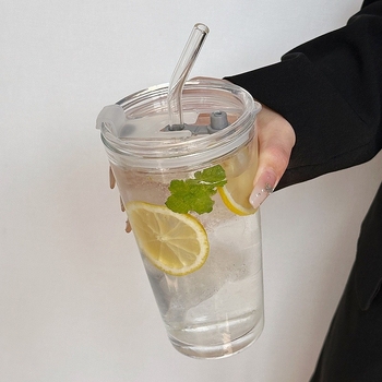 Pahar din sticlă cu capac și pai, stil franțuzesc, pentru cafea, ceai cu lapte și băuturi reci – vară, destinat femeilor