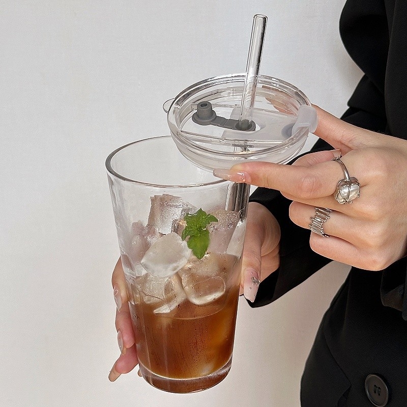 Pahar din sticlă cu capac și pai, stil franțuzesc, pentru cafea, ceai cu lapte și băuturi reci – vară, destinat femeilor