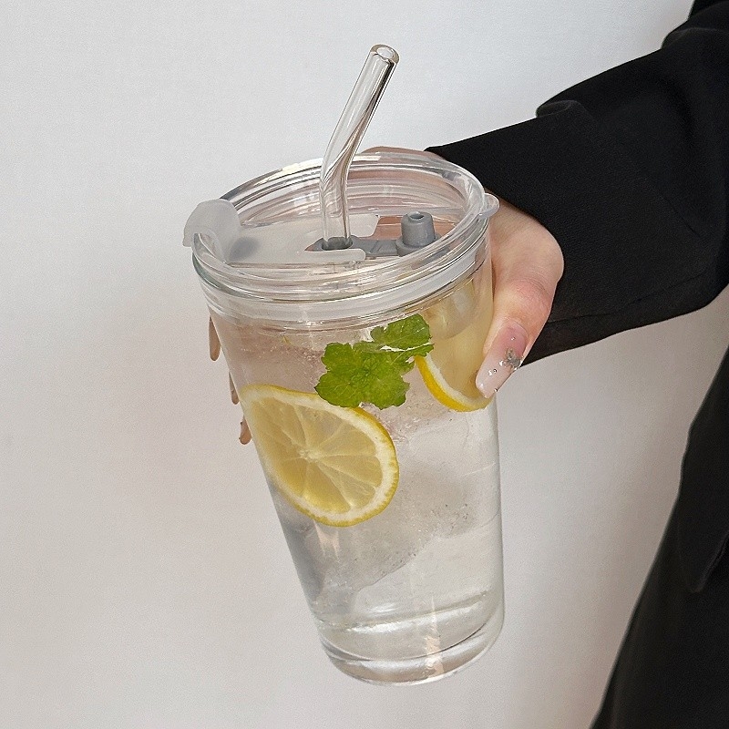 Pahar din sticlă cu capac și pai, stil franțuzesc, pentru cafea, ceai cu lapte și băuturi reci – vară, destinat femeilor