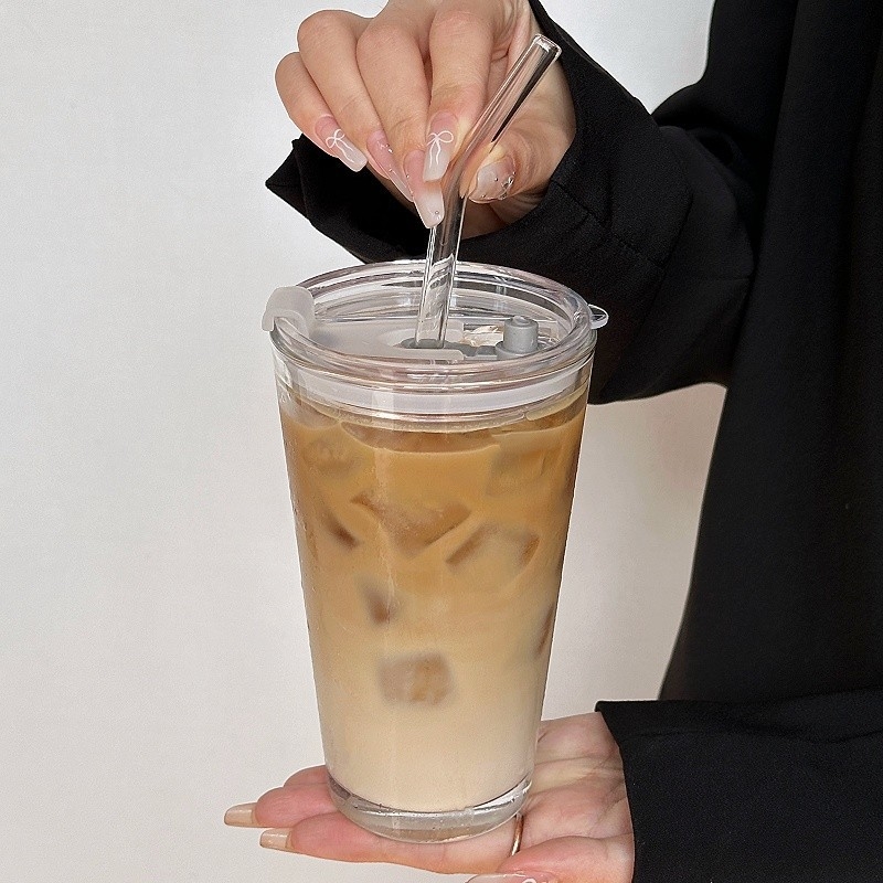 Pahar din sticlă cu capac și pai, stil franțuzesc, pentru cafea, ceai cu lapte și băuturi reci – vară, destinat femeilor
