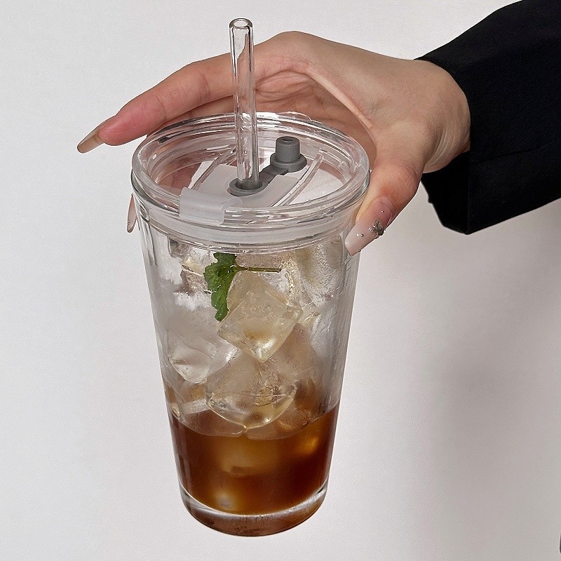 Pahar din sticlă cu capac și pai, stil franțuzesc, pentru cafea, ceai cu lapte și băuturi reci – vară, destinat femeilor