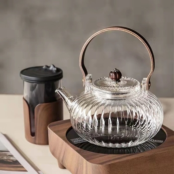 Ceainic din sticlă borosilicat rezistent la temperaturi înalte, cu filtru și mâner din lemn, pentru prepararea ceaiului acasă
