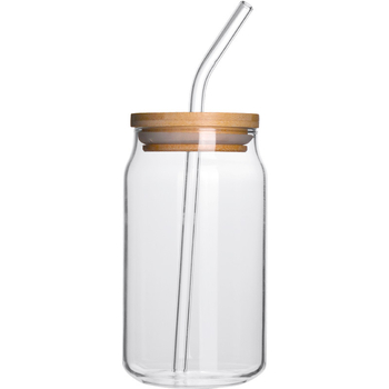 Pahar din sticlă borosilicat de înaltă rezistență, cu capac și pai, pentru ceai cu lapte, cafea și cola; rezistent la temperaturi, stil minimalist, formă cilindrică dreaptă; imprimare logo disponibil.