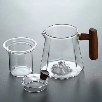 Ceainic din sticlă borosilicată, cu capac din lemn și strecurător de ceai, design cu peisaj montan, pentru încălzire pe plita ceramică electrică