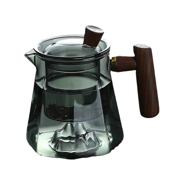 Ceainic din sticlă borosilicată, cu capac din lemn și strecurător de ceai, design cu peisaj montan, pentru încălzire pe plita ceramică electrică