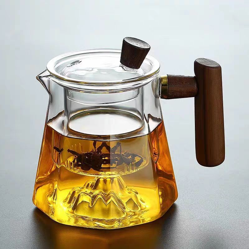 Ceainic din sticlă borosilicată, cu capac din lemn și strecurător de ceai, design cu peisaj montan, pentru încălzire pe plita ceramică electrică