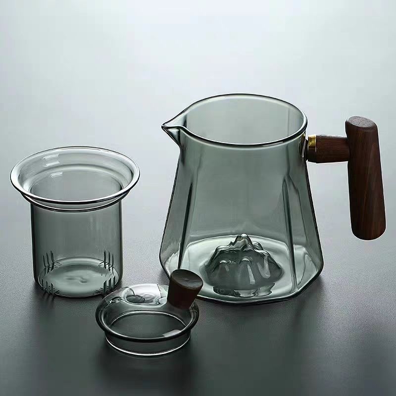 Ceainic din sticlă borosilicată, cu capac din lemn și strecurător de ceai, design cu peisaj montan, pentru încălzire pe plita ceramică electrică