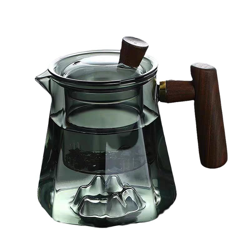 Ceainic din sticlă borosilicată, cu capac din lemn și strecurător de ceai, design cu peisaj montan, pentru încălzire pe plita ceramică electrică