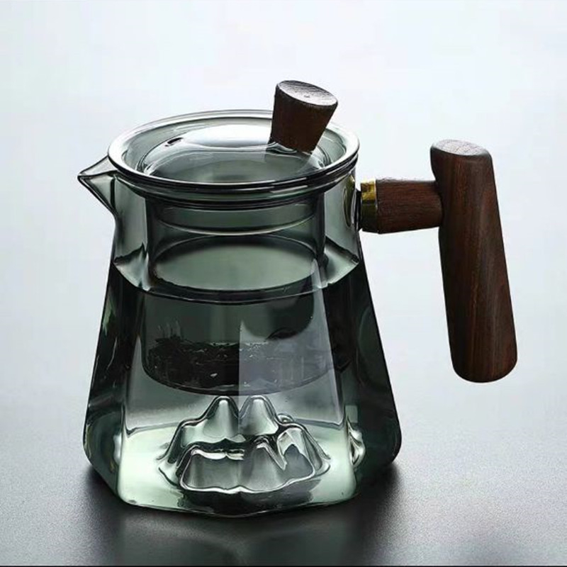 Ceainic din sticlă borosilicată, cu capac din lemn și strecurător de ceai, design cu peisaj montan, pentru încălzire pe plita ceramică electrică