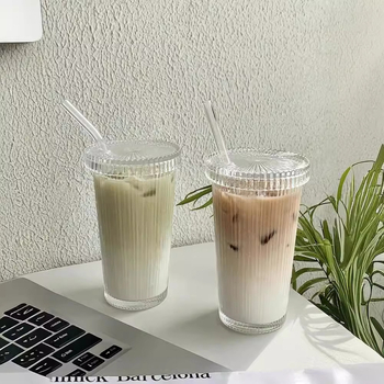 Pahar din sticlă cu capac și pai, în stil Ins, cu dungi verticale, pentru uz casnic, ceai, cafea și suc