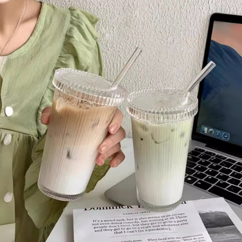 Pahar din sticlă cu capac și pai, în stil Ins, cu dungi verticale, pentru uz casnic, ceai, cafea și suc