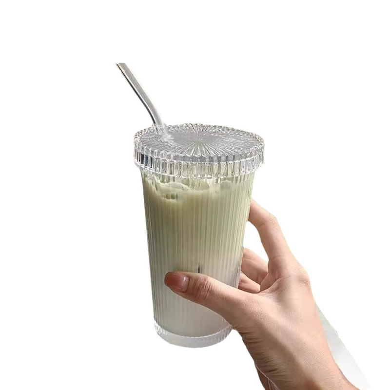 Pahar din sticlă cu capac și pai, în stil Ins, cu dungi verticale, pentru uz casnic, ceai, cafea și suc