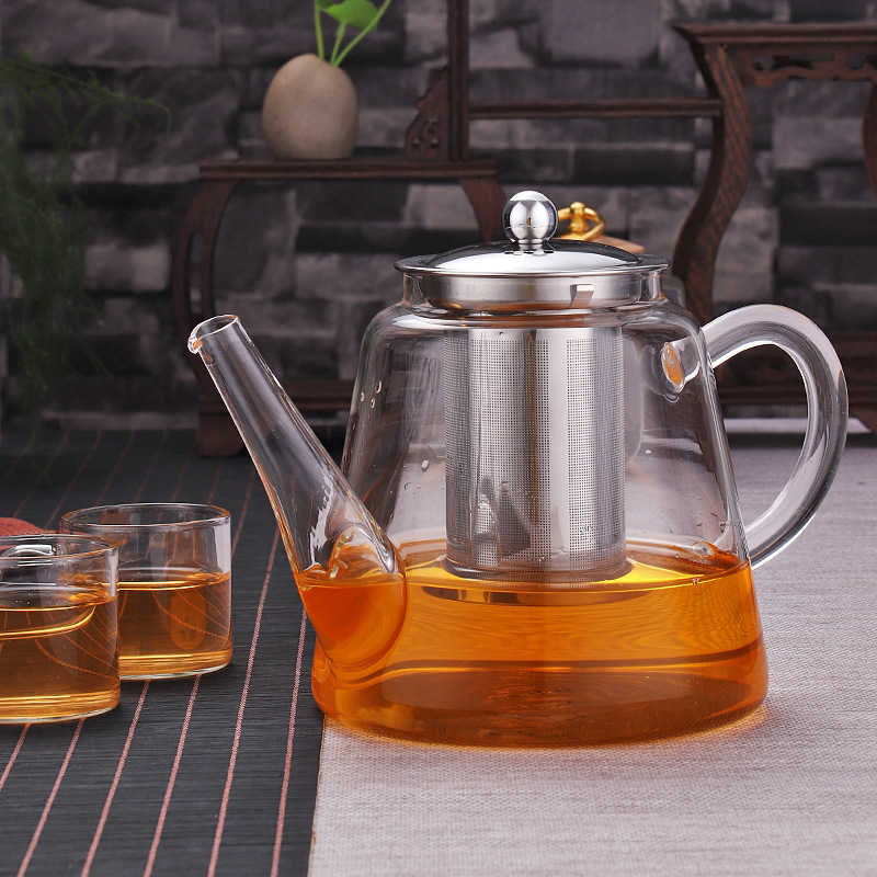 Ceainic din sticlă borosilikată rezistentă la temperatură, cu filtru din oțel inoxidabil pentru ceai de flori
