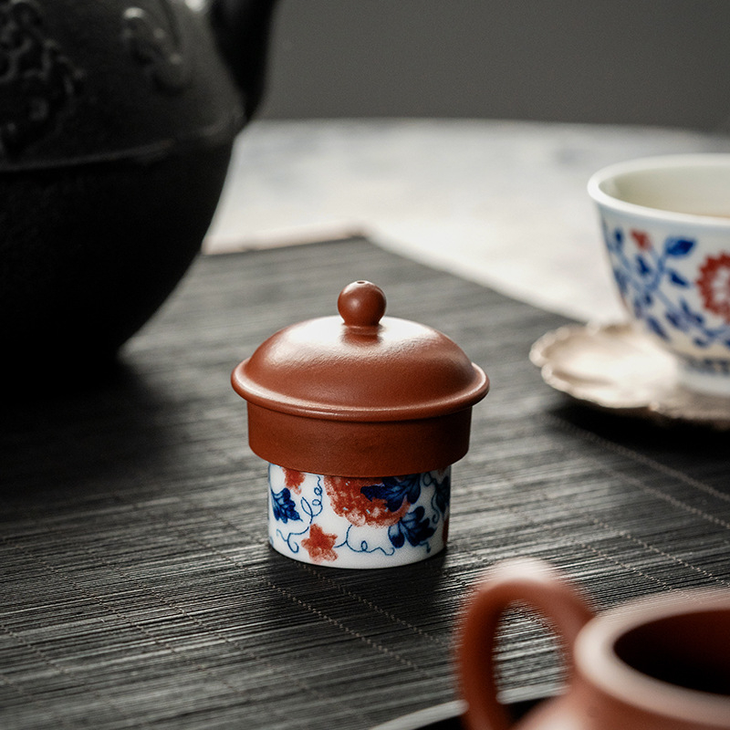 Suport ceramic pentru capac pentru set ceai Kung Fu, pictură manuală, bază pentru capac și pernă de protecție pentru ceainic
