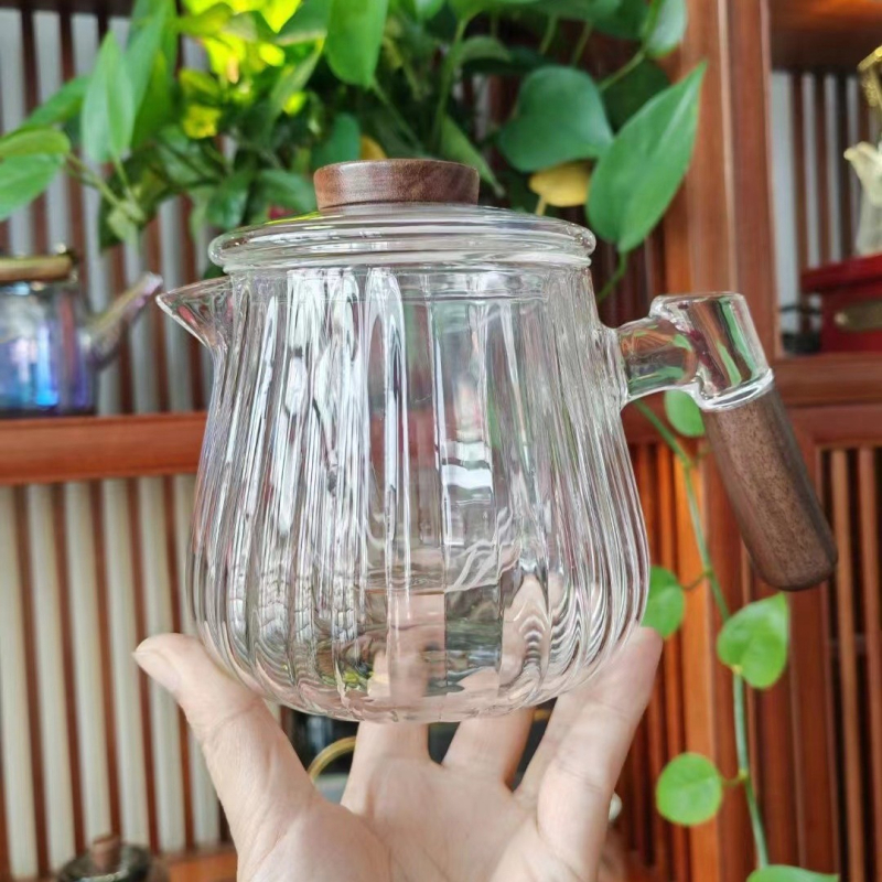 Ceainic cu mâner lateral din sticlă, set de ceai cu filtru, plită electrică ceramică, rezistent la temperaturi înalte, mâner din lemn, stil chinezesc