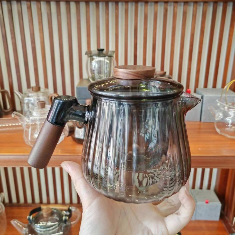 Ceainic cu mâner lateral din sticlă, set de ceai cu filtru, plită electrică ceramică, rezistent la temperaturi înalte, mâner din lemn, stil chinezesc