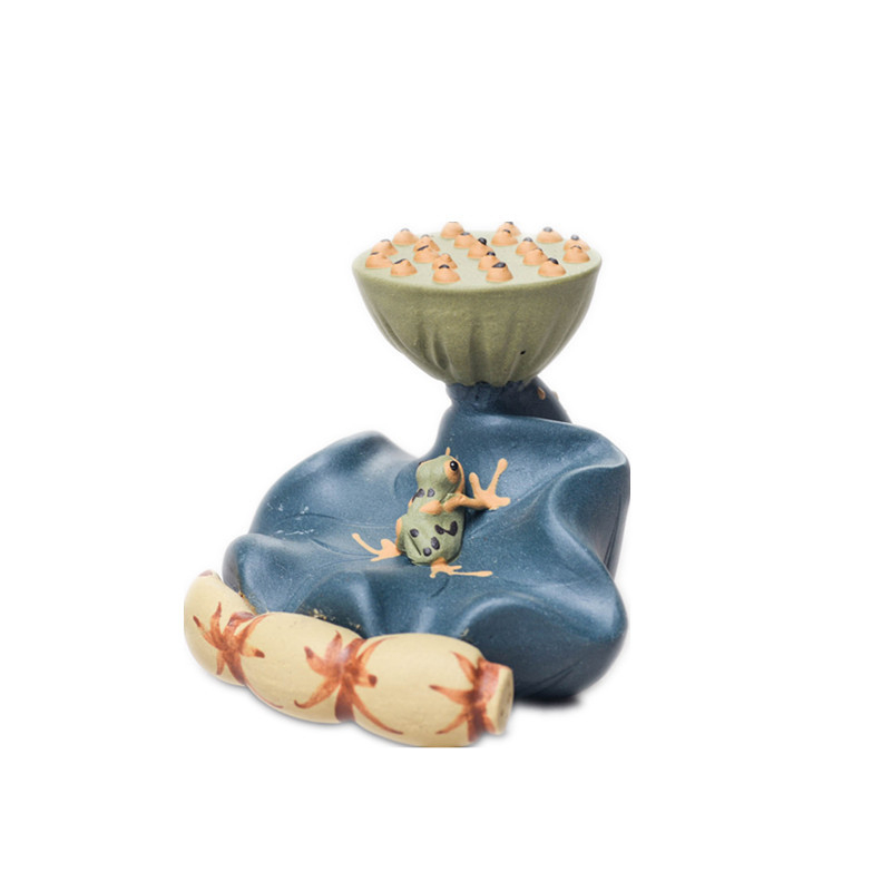 Figurină de ceai din lut Yixing mov — broscuţă pe frunza de lotus, capac cu sămânță de lotus, mică sculptură decorativă pentru ceainic