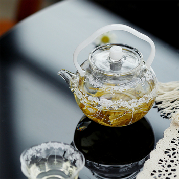 Ceainic din sticlă borosilicat rezistentă la căldură, cu mâner cu flori, pentru uz casnic, pentru fierberea apei și infuzarea ceaiului