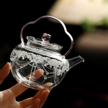 Ceainic din sticlă borosilicat rezistentă la căldură, cu mâner cu flori, pentru uz casnic, pentru fierberea apei și infuzarea ceaiului