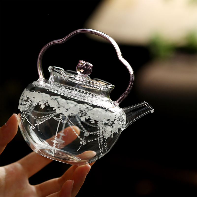 Ceainic din sticlă borosilicat rezistentă la căldură, cu mâner cu flori, pentru uz casnic, pentru fierberea apei și infuzarea ceaiului