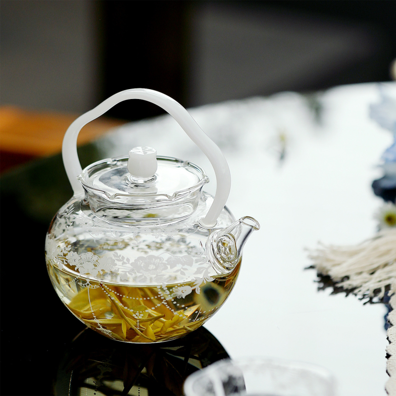 Ceainic din sticlă borosilicat rezistentă la căldură, cu mâner cu flori, pentru uz casnic, pentru fierberea apei și infuzarea ceaiului