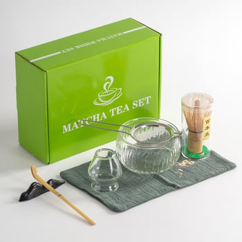 Set de ceai matcha din sticlă, 7 piese, sticlă borosilicată transparentă, cutie cadou neagră în stil japonez, include bol pentru matcha și tel de amestec