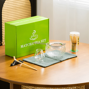 Set de ceai matcha din sticlă, 7 piese, sticlă borosilicată transparentă, cutie cadou neagră în stil japonez, include bol pentru matcha și tel de amestec