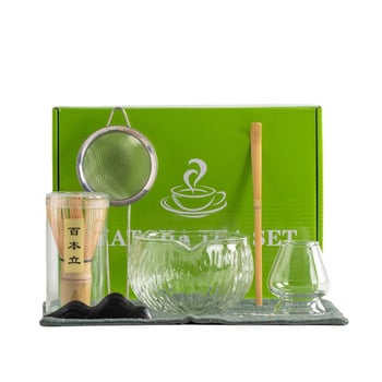 Set de ceai matcha din sticlă, 7 piese, sticlă borosilicată transparentă, cutie cadou neagră în stil japonez, include bol pentru matcha și tel de amestec