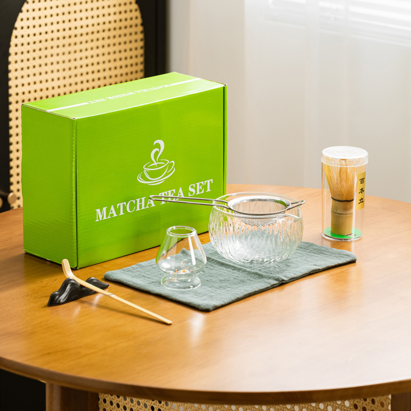 Set de ceai matcha din sticlă, 7 piese, sticlă borosilicată transparentă, cutie cadou neagră în stil japonez, include bol pentru matcha și tel de amestec