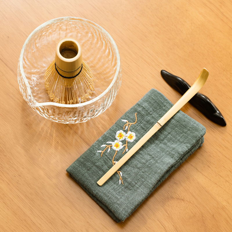 Set de ceai matcha din sticlă, 7 piese, sticlă borosilicată transparentă, cutie cadou neagră în stil japonez, include bol pentru matcha și tel de amestec