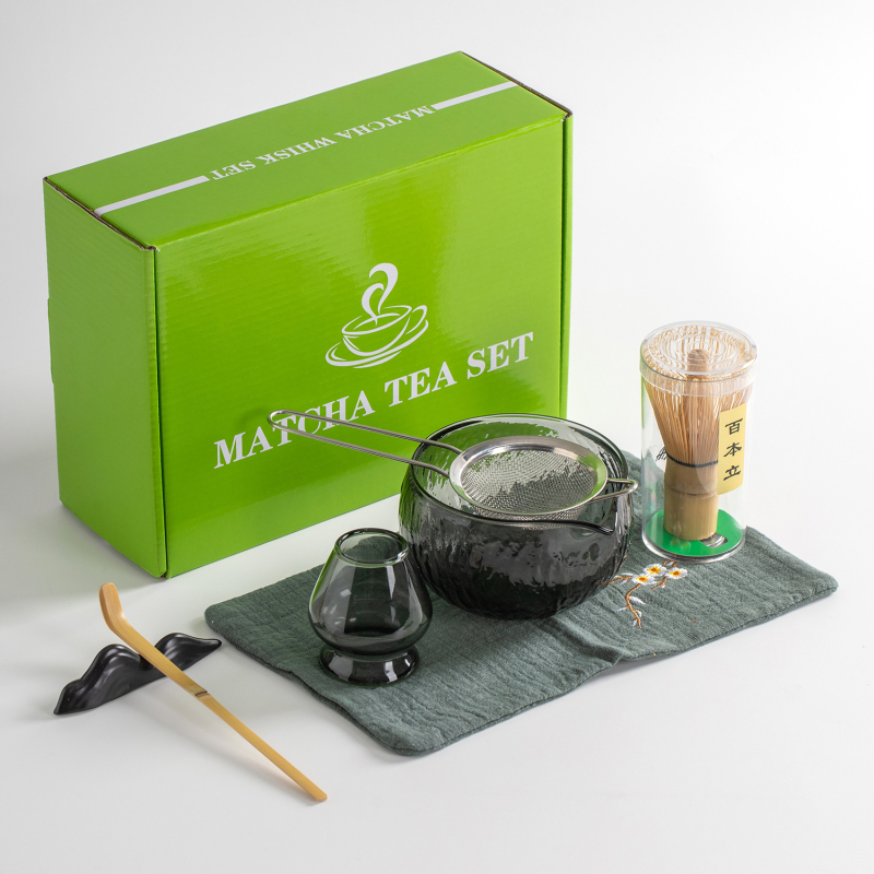 Set de ceai matcha din sticlă, 7 piese, sticlă borosilicată transparentă, cutie cadou neagră în stil japonez, include bol pentru matcha și tel de amestec