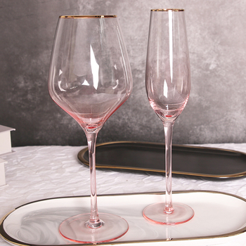 Pahar înalt pentru șampanie și vin roșu, turnat manual, margine roz-auriu, sticlă cristal, capacitate 401–500 ml