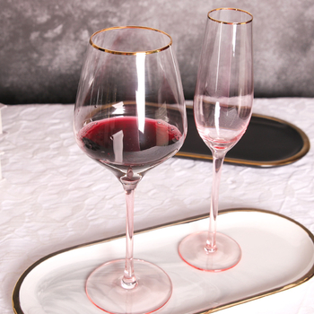 Pahar înalt pentru șampanie și vin roșu, turnat manual, margine roz-auriu, sticlă cristal, capacitate 401–500 ml