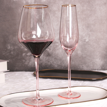Pahar înalt pentru șampanie și vin roșu, turnat manual, margine roz-auriu, sticlă cristal, capacitate 401–500 ml