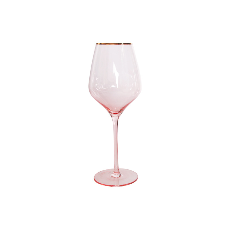 Pahar înalt pentru șampanie și vin roșu, turnat manual, margine roz-auriu, sticlă cristal, capacitate 401–500 ml