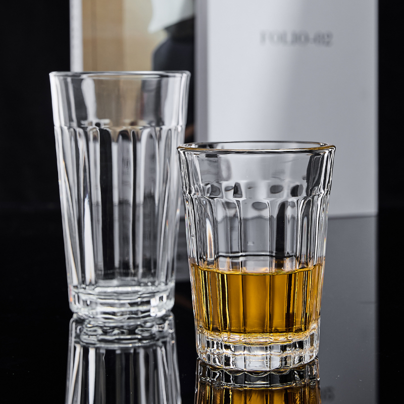 Pahar din sticlă rezistentă la căldură, stil european, cu dungi, 300–400 ml, pereți groși, fără mâner, pentru apă, ceai, suc sau bere
