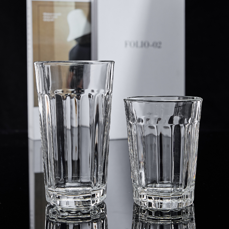 Pahar din sticlă rezistentă la căldură, stil european, cu dungi, 300–400 ml, pereți groși, fără mâner, pentru apă, ceai, suc sau bere
