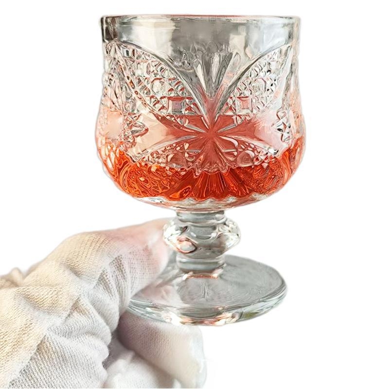 Pahar mini înalt pentru vin de fructe, sticlă gravată în stil retro cu flori, pahar elegant pentru vin alb, porție individuală