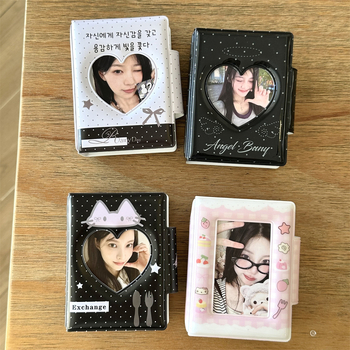 Album mini de fotografii în stil Instagram coreean, cu funda și pisicuță, design în grilă pentru carduri, închidere cu nasturi, 3 inci, pentru poze Polaroid și idol carduri
