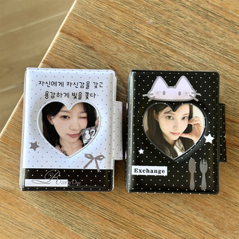 Album mini de fotografii în stil Instagram coreean, cu funda și pisicuță, design în grilă pentru carduri, închidere cu nasturi, 3 inci, pentru poze Polaroid și idol carduri