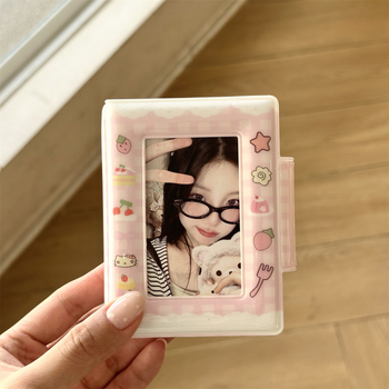 Album mini de fotografii în stil Instagram coreean, cu funda și pisicuță, design în grilă pentru carduri, închidere cu nasturi, 3 inci, pentru poze Polaroid și idol carduri