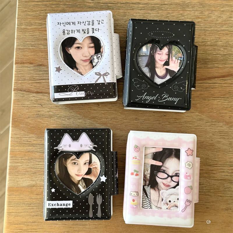 Album mini de fotografii în stil Instagram coreean, cu funda și pisicuță, design în grilă pentru carduri, închidere cu nasturi, 3 inci, pentru poze Polaroid și idol carduri