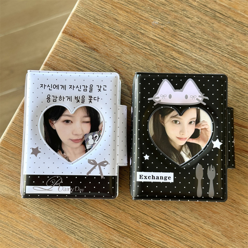 Album mini de fotografii în stil Instagram coreean, cu funda și pisicuță, design în grilă pentru carduri, închidere cu nasturi, 3 inci, pentru poze Polaroid și idol carduri