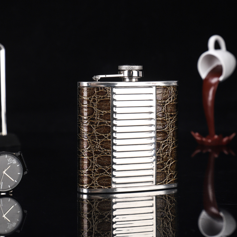 Flacon de vin din oțel inoxidabil, 6 oz, cu piele în model crocodil, portabil, stil minimalist, set cadou pentru vin