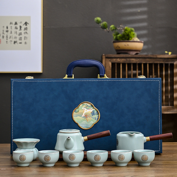 Set ceai Ru Kiln Kung Fu din porțelan premium: ceainic cu capac, cești, cutie cadou pentru birou
