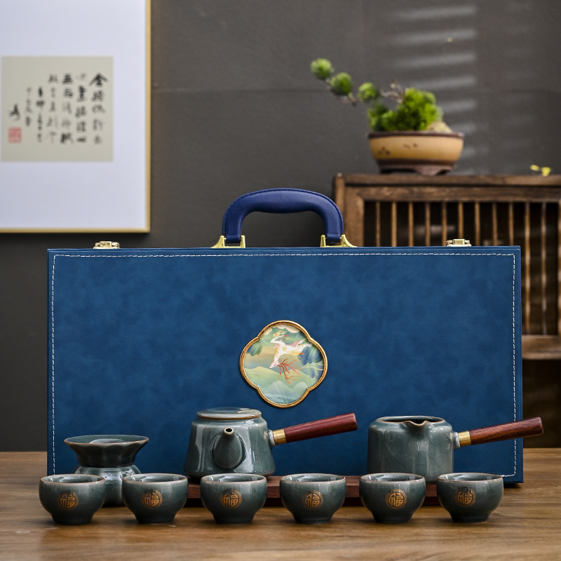 Set ceai Ru Kiln Kung Fu din porțelan premium: ceainic cu capac, cești, cutie cadou pentru birou